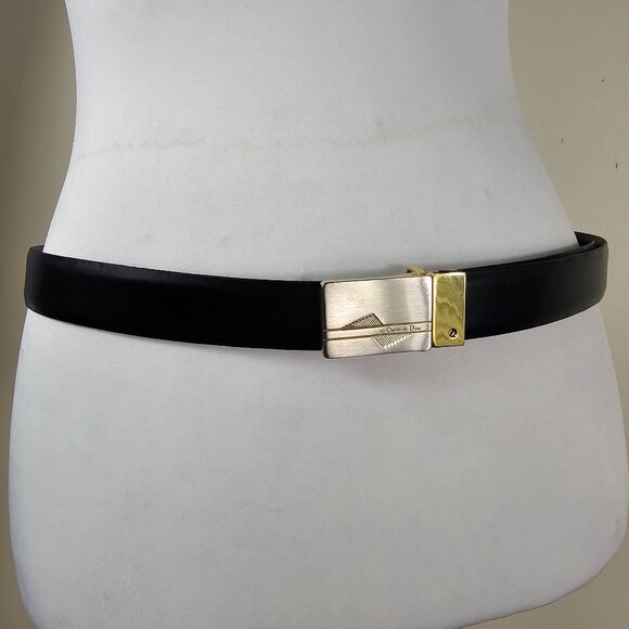 Vintage Christian Dior Black Leather Belt Sz 34 Gold & Silver Buckle Old Money - Picture 2 of 6